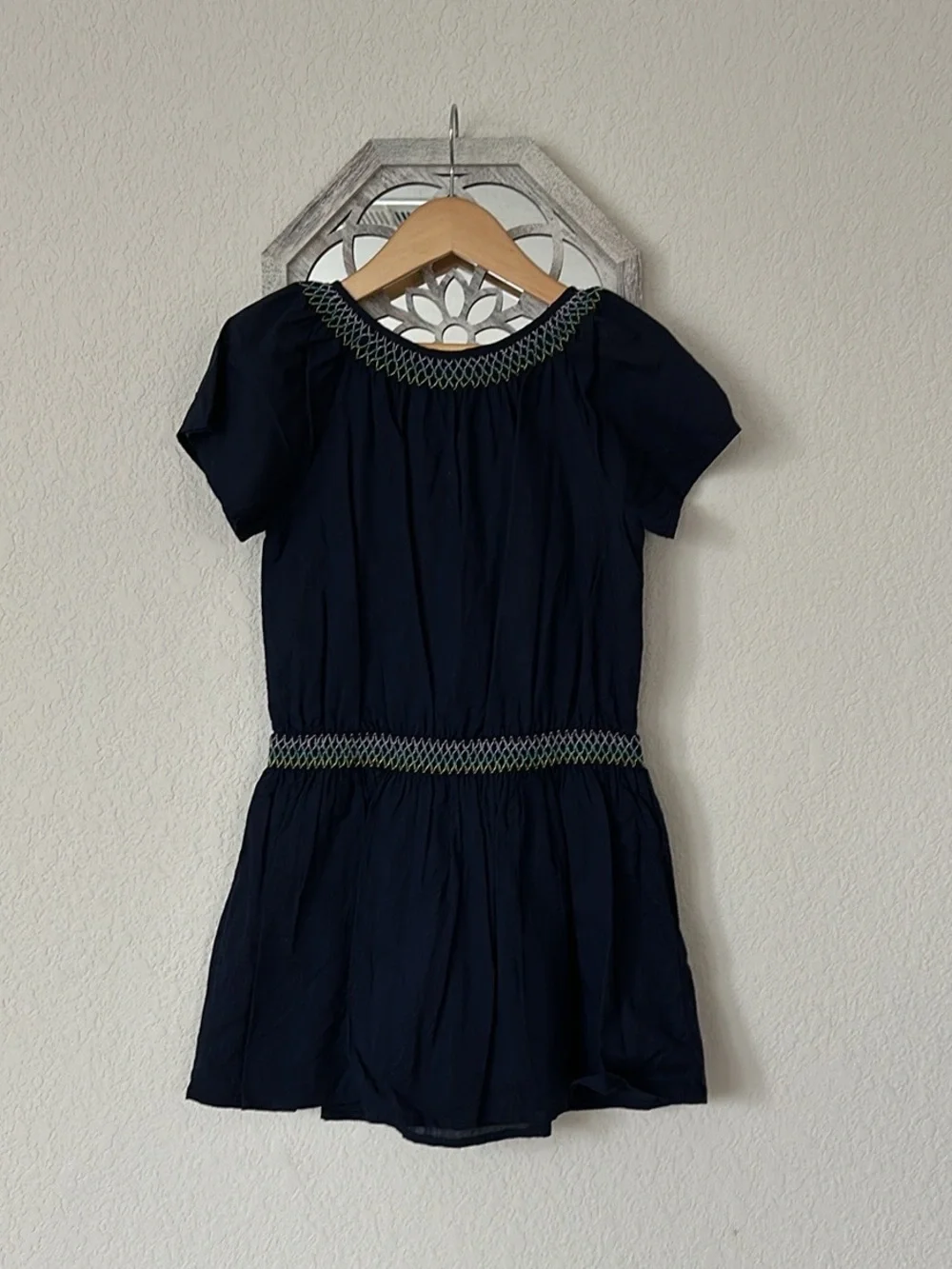 GAP • Girls Small Navy Floral Embroidered Boho Short Sleeve Dress